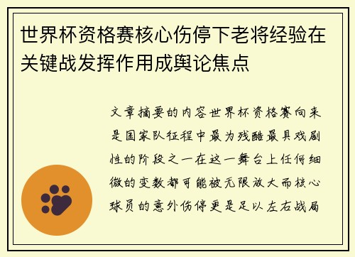 世界杯资格赛核心伤停下老将经验在关键战发挥作用成舆论焦点